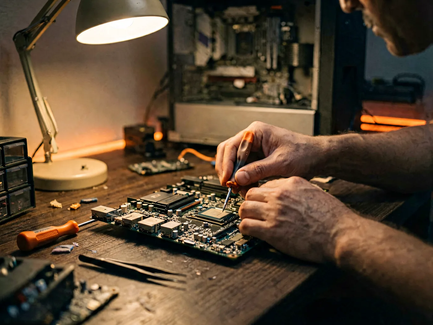 Riparazione di una scheda madre nel laboratorio di Quartu Informatica